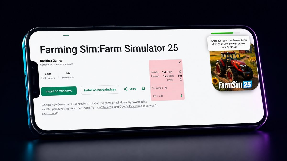 Farming Sim Farm Simulator 25 Google Play listing, 1M+ downloads