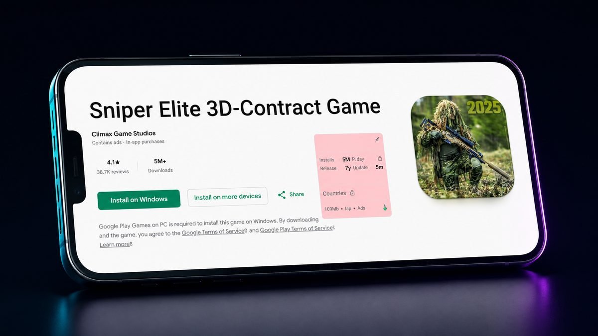 Sniper Elite 3D Contract Game Google Play listing, 5M+ downloads